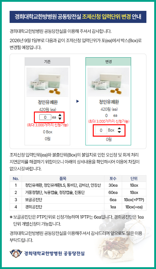 경희대학교한방병원 공동탕전실 조제신청 입력단위 변경 안내